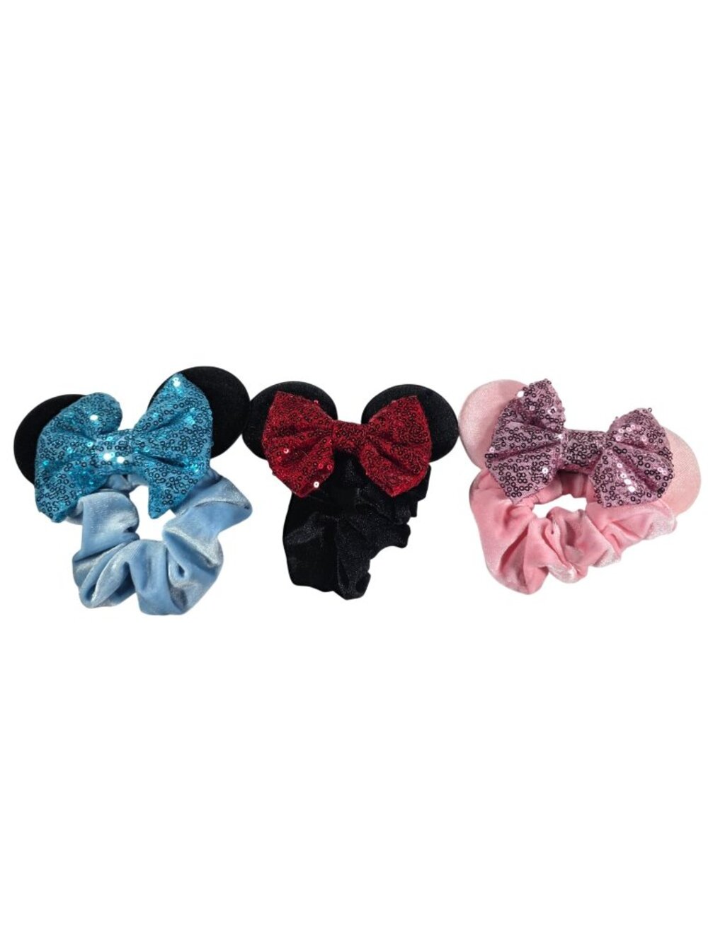Set Of 3 Mouse Ear Scrunchies With Sequined Bow Blue Red Pink Hair Accessories